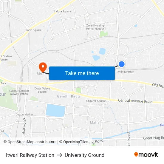 Itwari Railway Station to University Ground map
