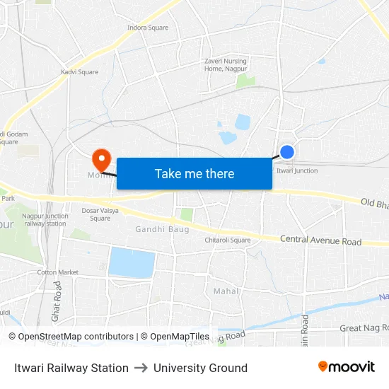 Itwari Railway Station to University Ground map