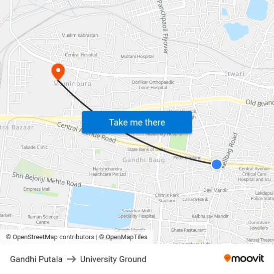 Gandhi Putala to University Ground map