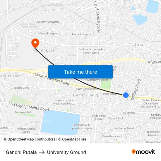 Gandhi Putala to University Ground map