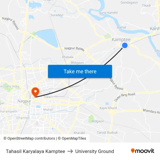 Tahasil Karyalaya Kamptee to University Ground map