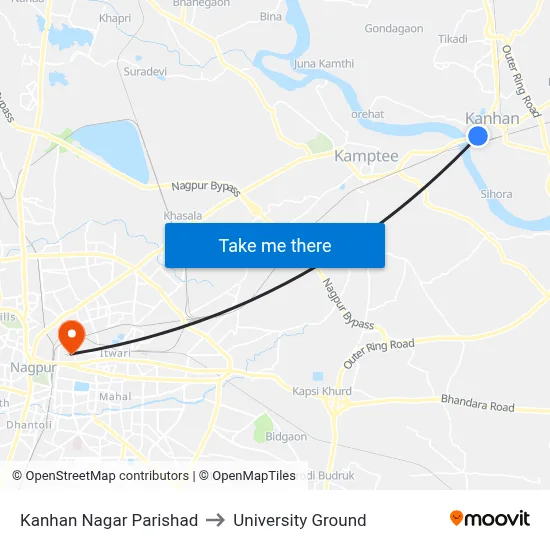 Kanhan Nagar Parishad to University Ground map