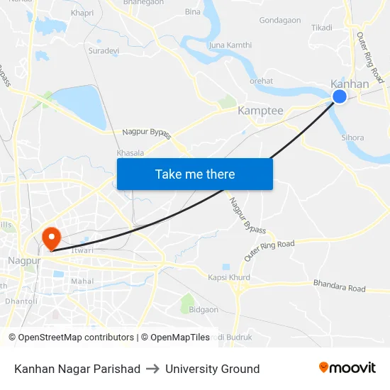 Kanhan Nagar Parishad to University Ground map