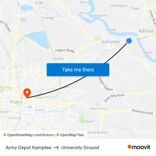 Army Depot Kamptee to University Ground map