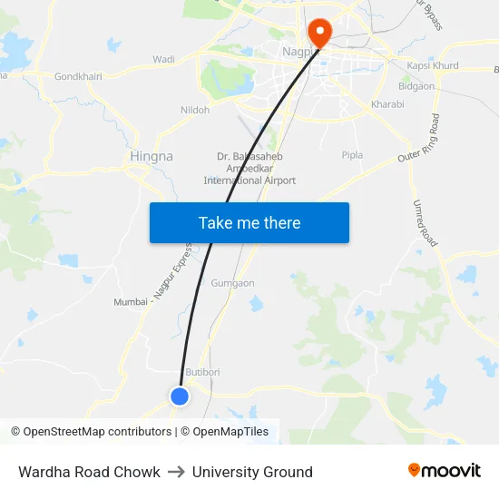 Wardha Road Chowk to University Ground map