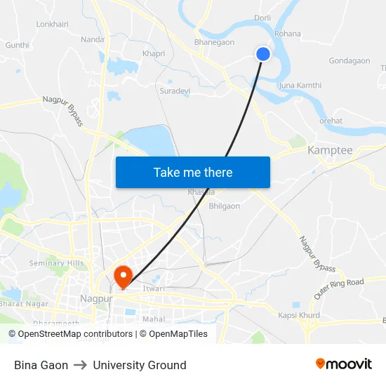 Bina Gaon to University Ground map