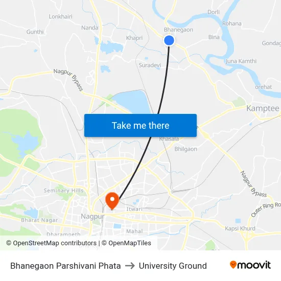 Bhanegaon Parshivani Phata to University Ground map