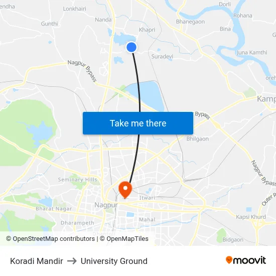 Koradi Mandir to University Ground map