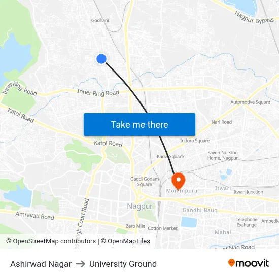 Ashirwad Nagar to University Ground map
