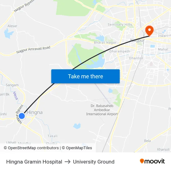 Hingna Gramin Hospital to University Ground map