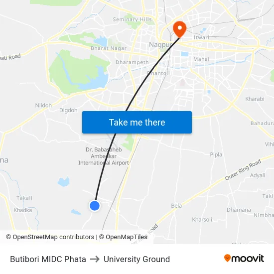 Butibori MIDC Phata to University Ground map