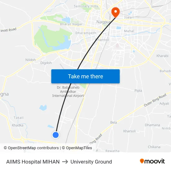 AIIMS Hospital MIHAN to University Ground map