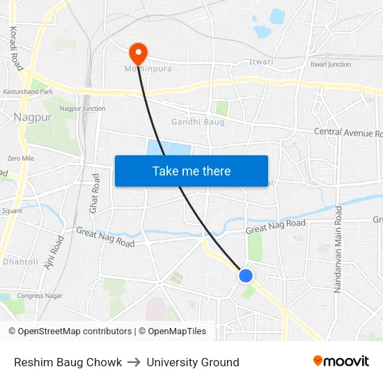 Reshim Baug Chowk to University Ground map