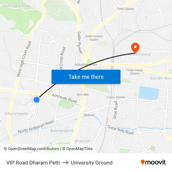 VIP Road Dharam Peth to University Ground map