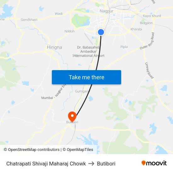 छत्रपति शिवाजी महाराज चौक to बुतिबोरी map