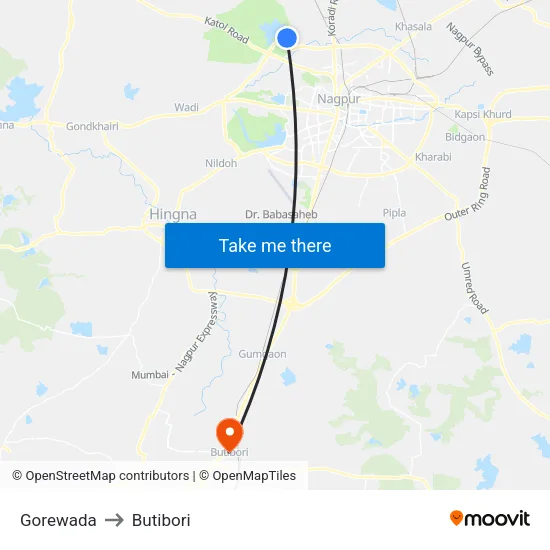 Gorewada to Butibori map