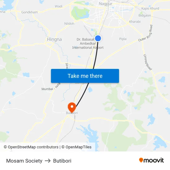 Mosam Society to Butibori map