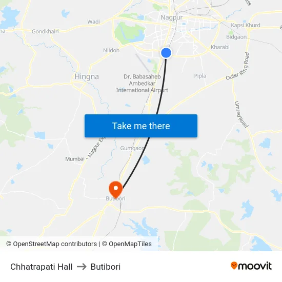 Chhatrapati Hall to Butibori map