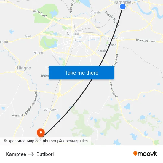 Kamptee to Butibori map