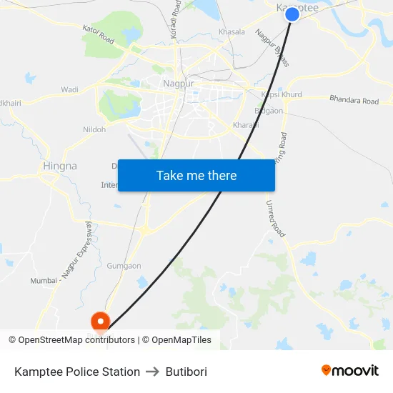 Kamptee Police Station to Butibori map
