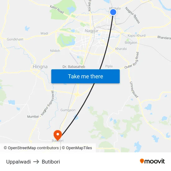Uppalwadi to Butibori map
