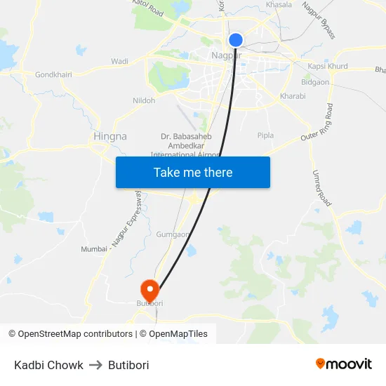 Kadbi Chowk to Butibori map
