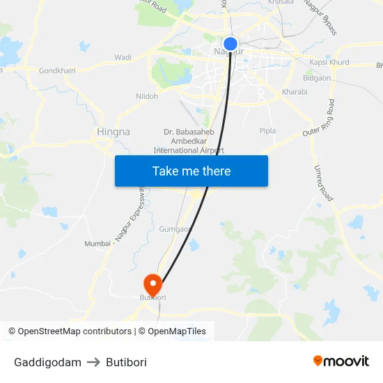 Gaddigodam to Butibori map