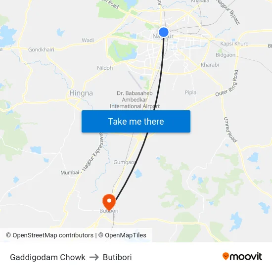 Gaddigodam Chowk to Butibori map