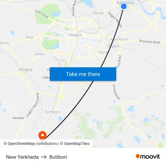 New Yerkheda to Butibori map