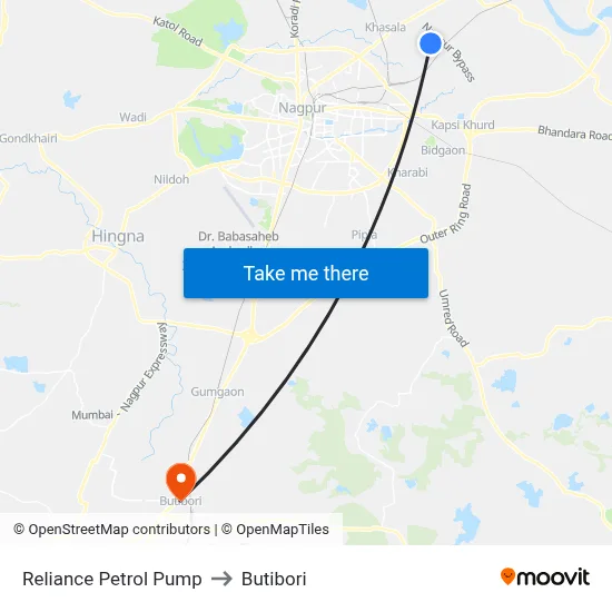 Reliance Petrol Pump to Butibori map