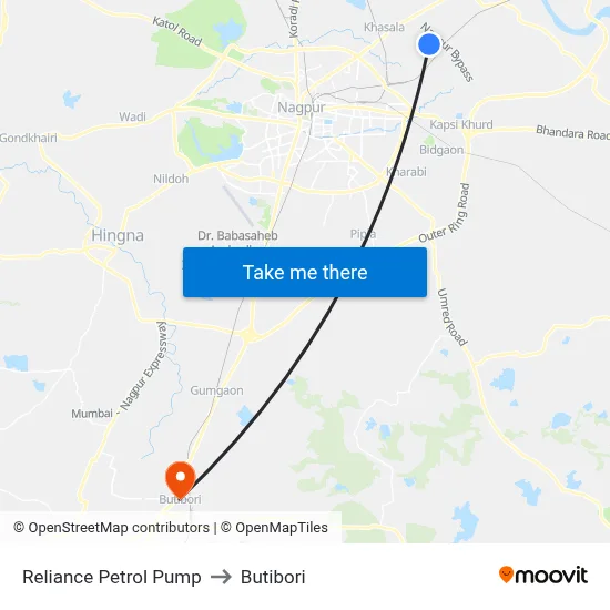 Reliance Petrol Pump to Butibori map