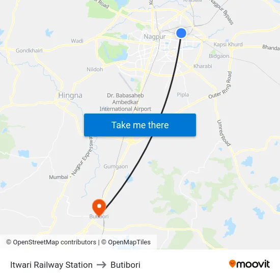 Itwari Railway Station to Butibori map
