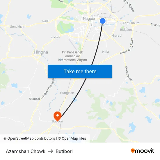 Azamshah Chowk to Butibori map