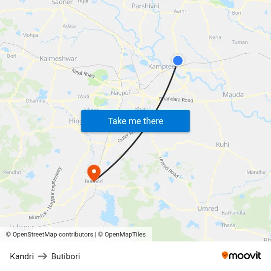 Kandri to Butibori map