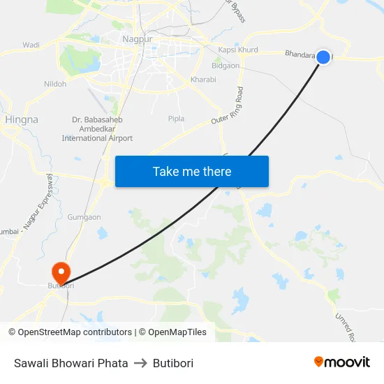Sawali Bhowari Phata to Butibori map