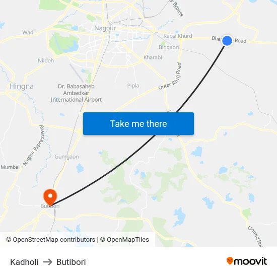 Kadholi to Butibori map