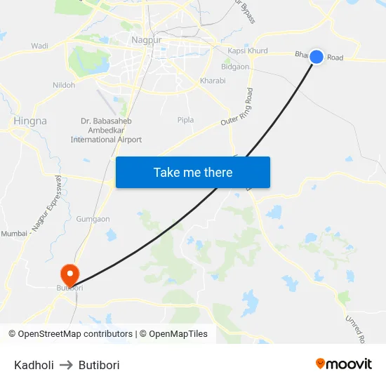 Kadholi to Butibori map