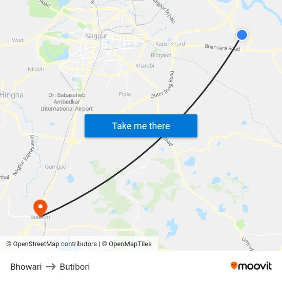 Bhowari to Butibori map