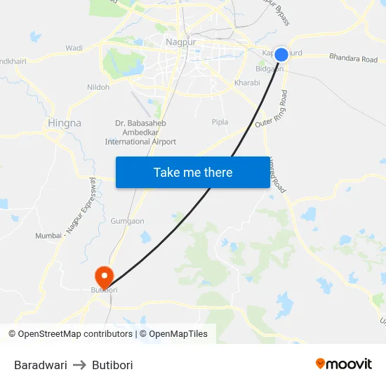 Baradwari to Butibori map
