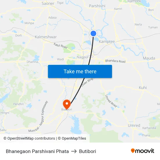 Bhanegaon Parshivani Phata to Butibori map