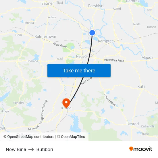 New Bina to Butibori map