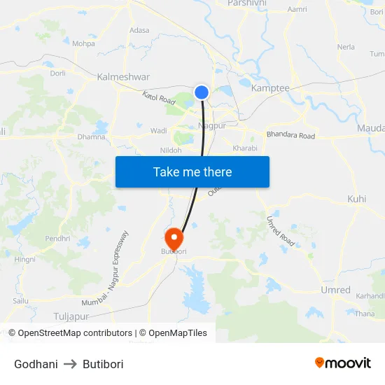 Godhani to Butibori map