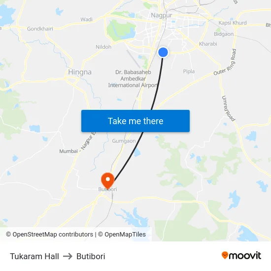 Tukaram Hall to Butibori map