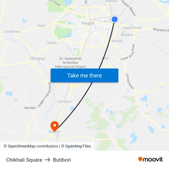 Chikhali Square to Butibori map