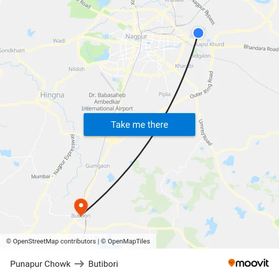 Punapur Chowk to Butibori map