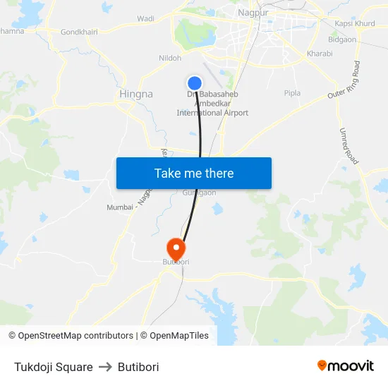 Tukdoji Square to Butibori map