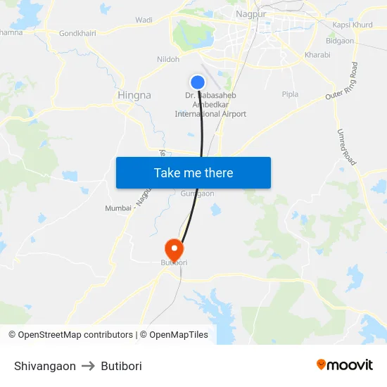 Shivangaon to Butibori map