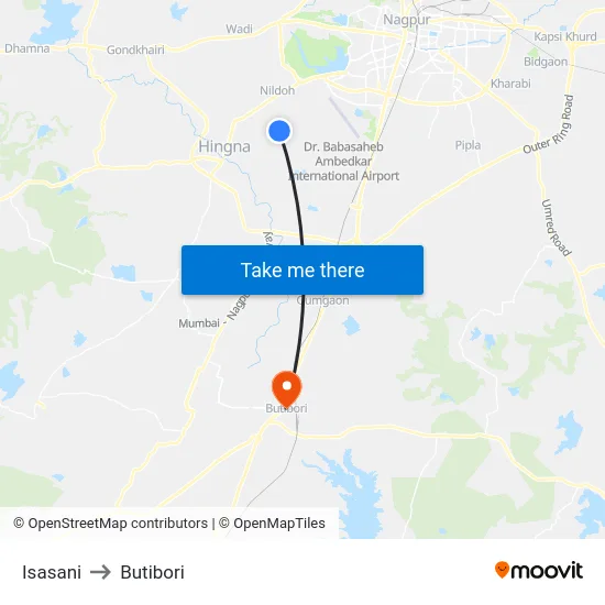 Isasani to Butibori map