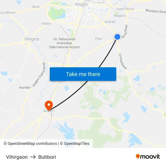 Vihirgaon to Butibori map