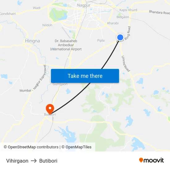 Vihirgaon to Butibori map